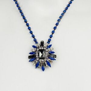 T & J DESIGNS Necklace 18k‎ Gold Plated Sapphire Blue Smoke Crystal Brooc…